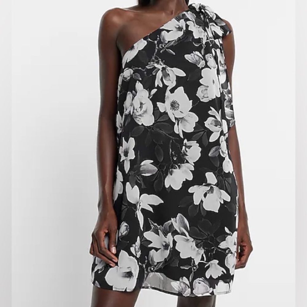 Express Women M Black Floral Sleeveless Tie One Shoulder Mini Shift Dress